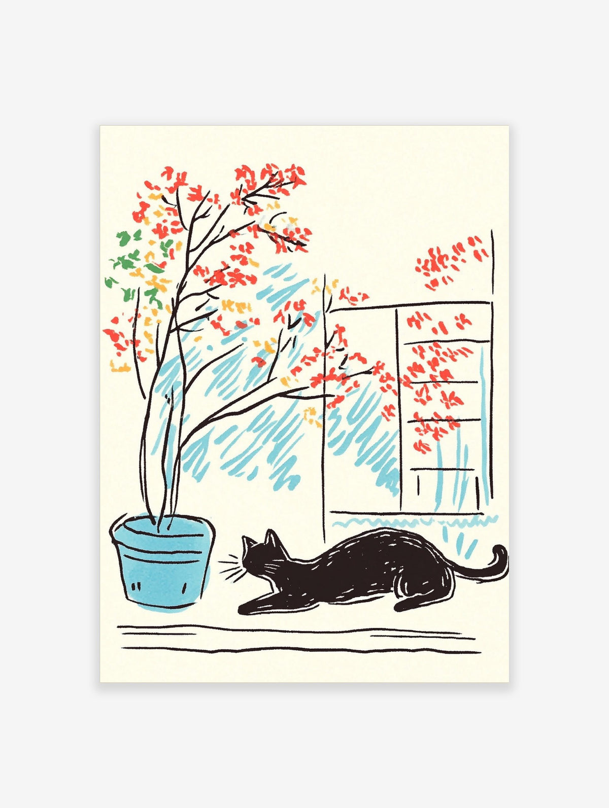 Illustrative print of a black cat lounging next to a potted plant with red, yellow, green leaves by a window