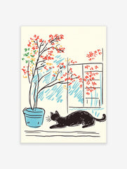 Illustrative print of a black cat lounging next to a potted plant with red, yellow, green leaves by a window