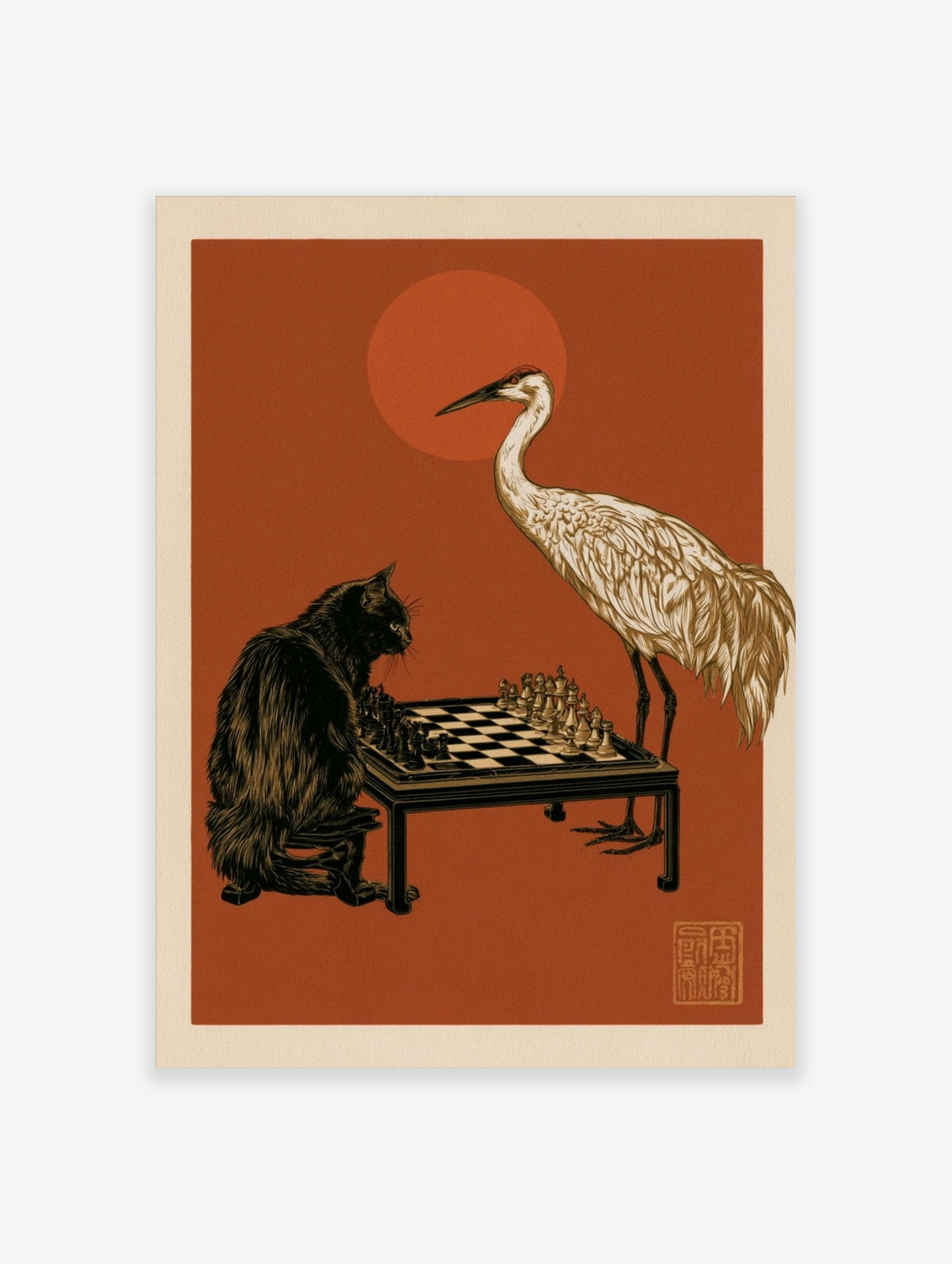 Black cat and white crane playing chess on a table under a red sun, terracotta background