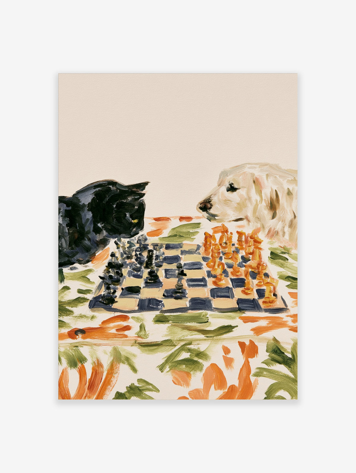 Black cat and cream dog playing chess on a patterned surface, painterly animal poster