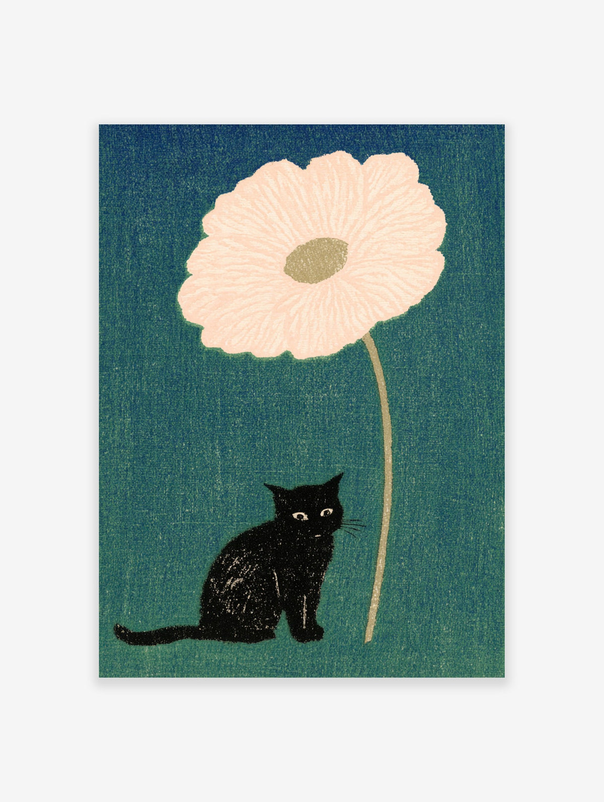A black cat sitting under a large pale pink flower on a textured teal background in a minimalist illustrative style