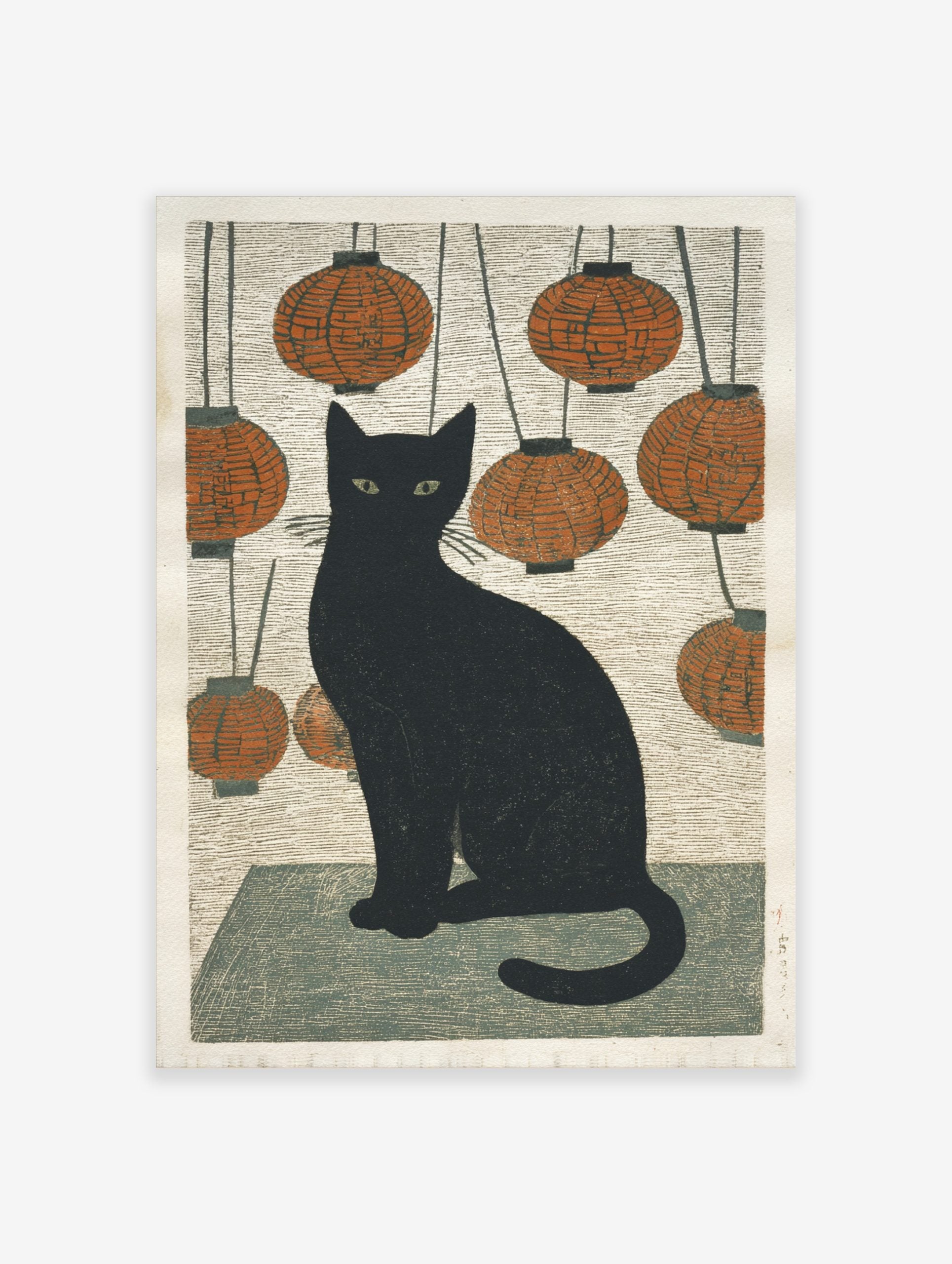 Black cat with green eyes sitting amidst hanging orange lanterns in Japanese woodblock style print