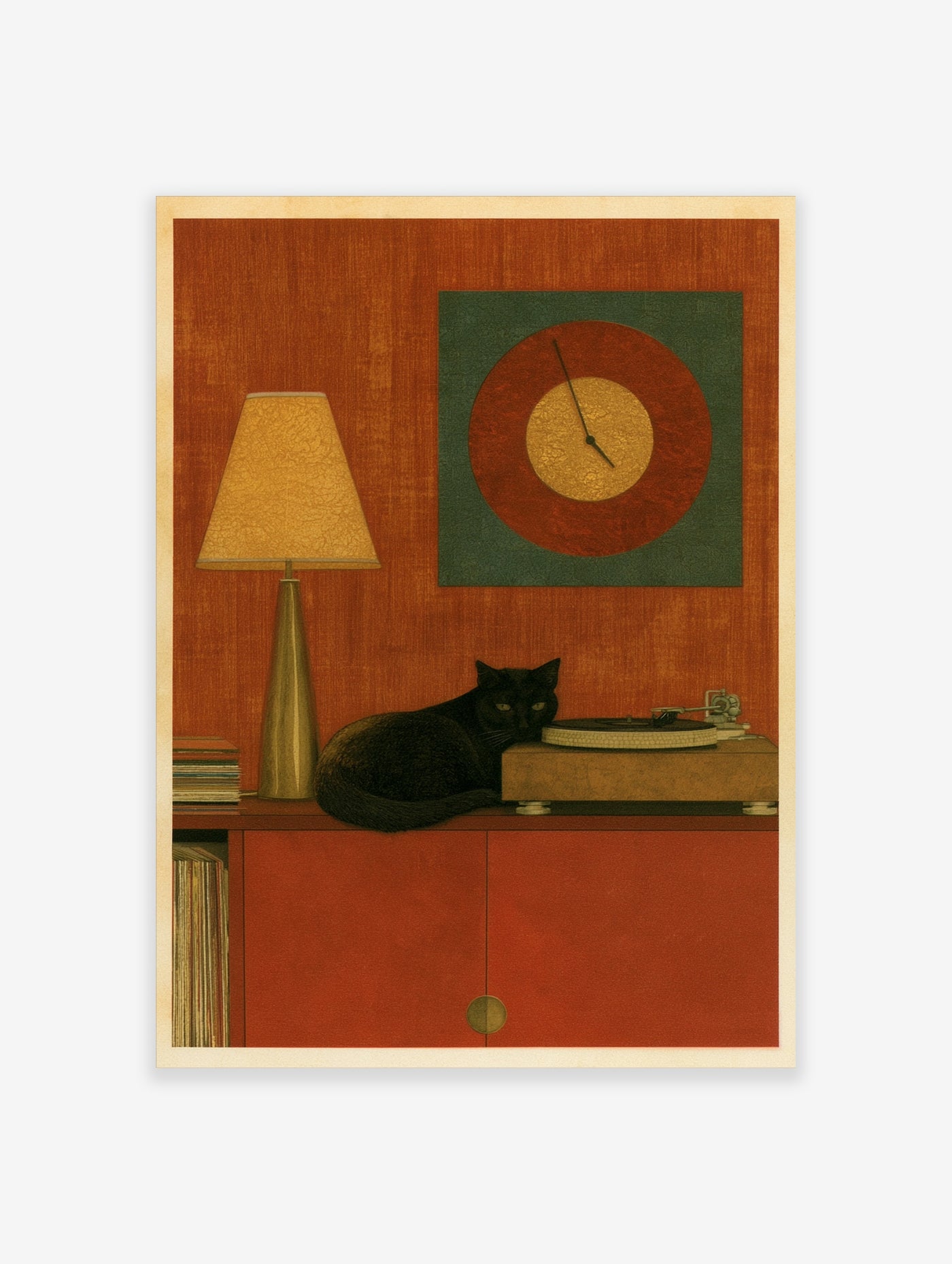 Illustrative art print of a black cat lying on a record player with a lamp and circular wall clock in a warm orange room