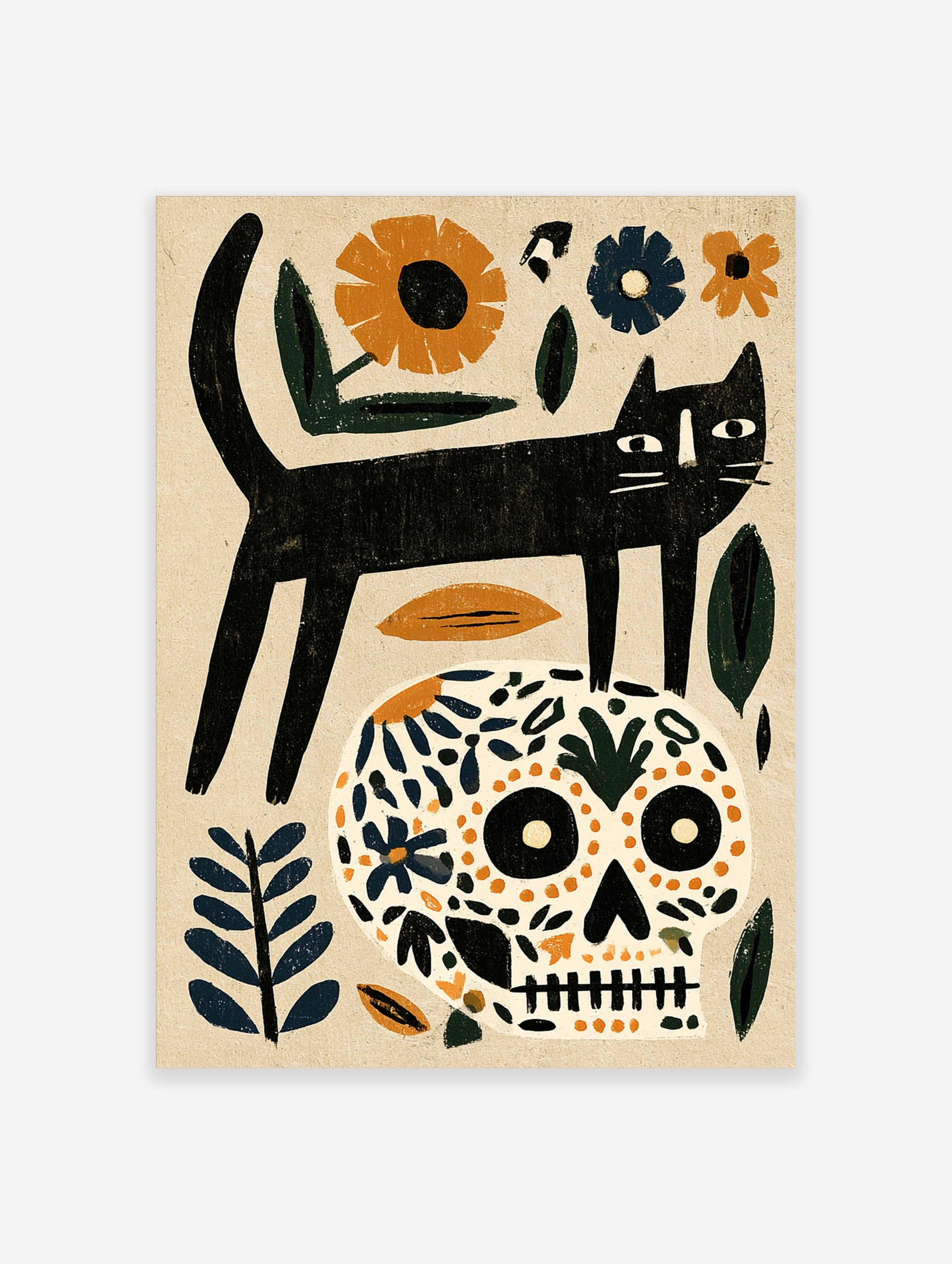 Black cat standing on a floral patterned skull with orange and blue botanical elements on a beige background