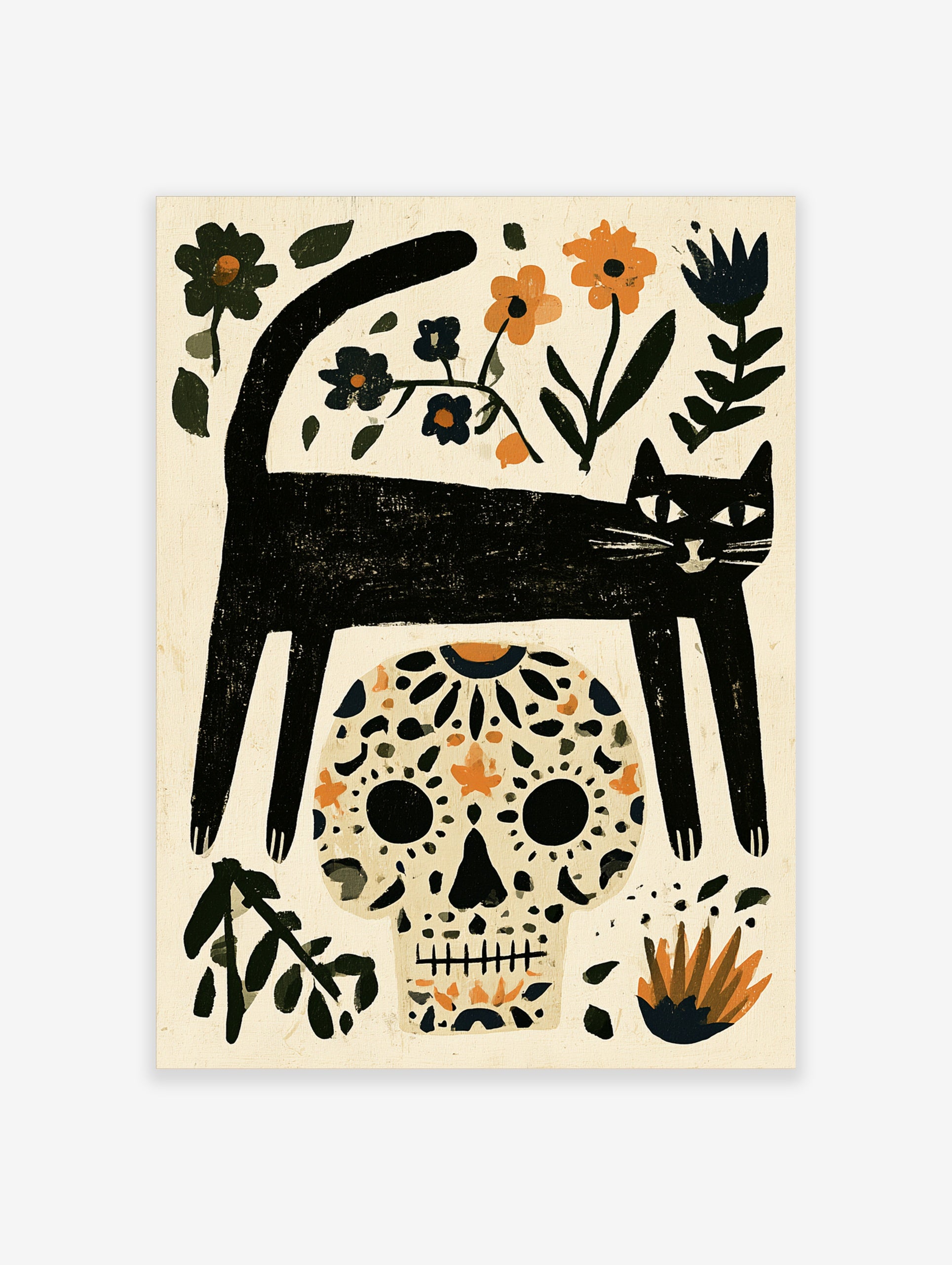 Illustrative black cat and sugar skull wall art with orange and blue floral elements on a cream background
