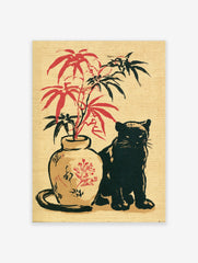 Japanese-inspired illustration of a black cat next to a vase with red and black bamboo leaves on cream background