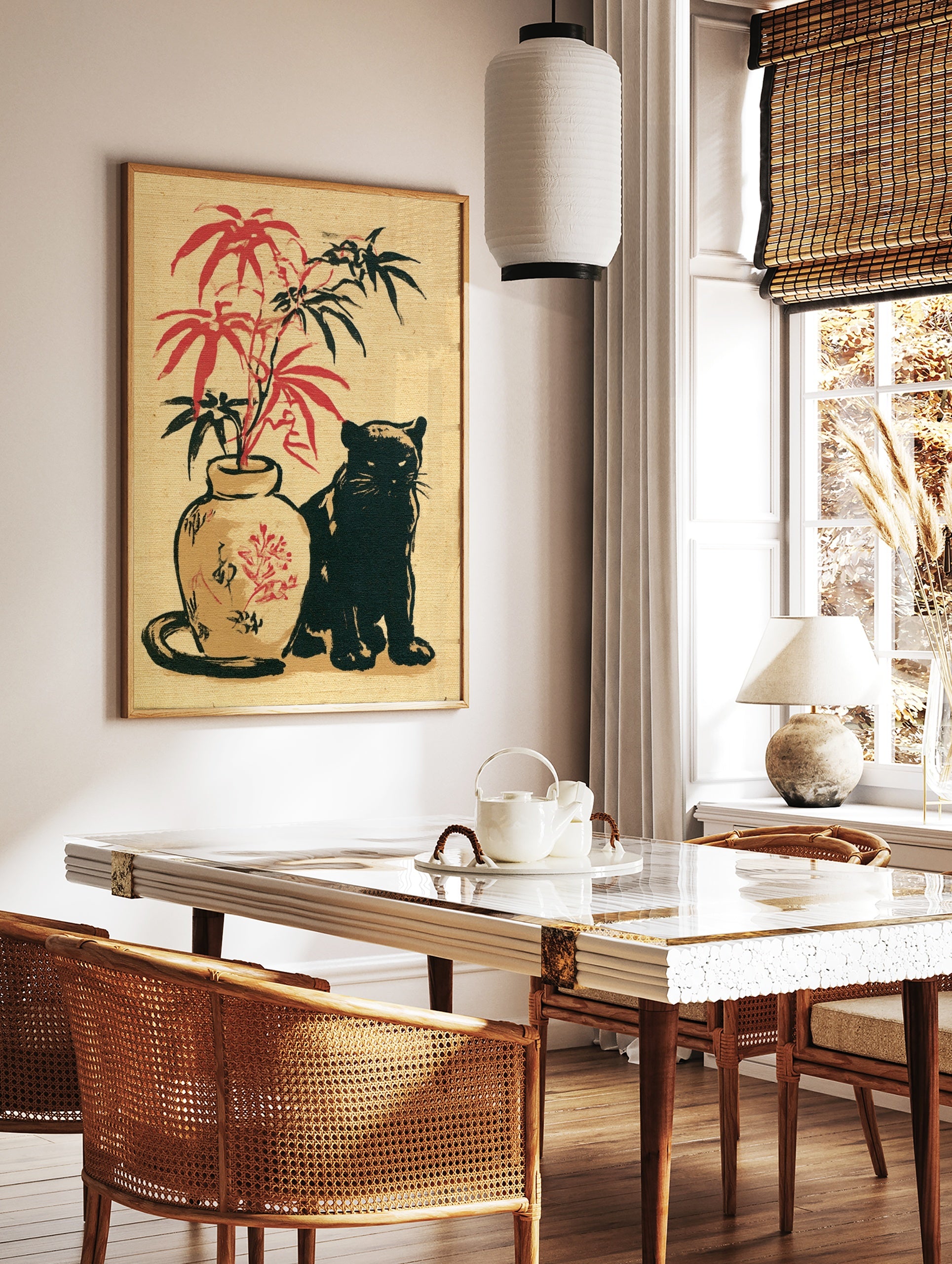 Japanese-inspired illustration of a black cat next to a vase with red and black bamboo leaves on, in a styled room mockup
