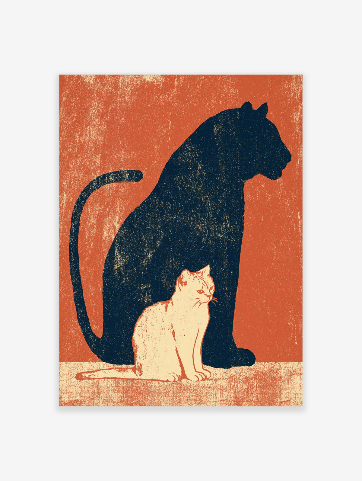 Black cat and white cat poster with large dark silhouette behind pale tabby on orange-red background