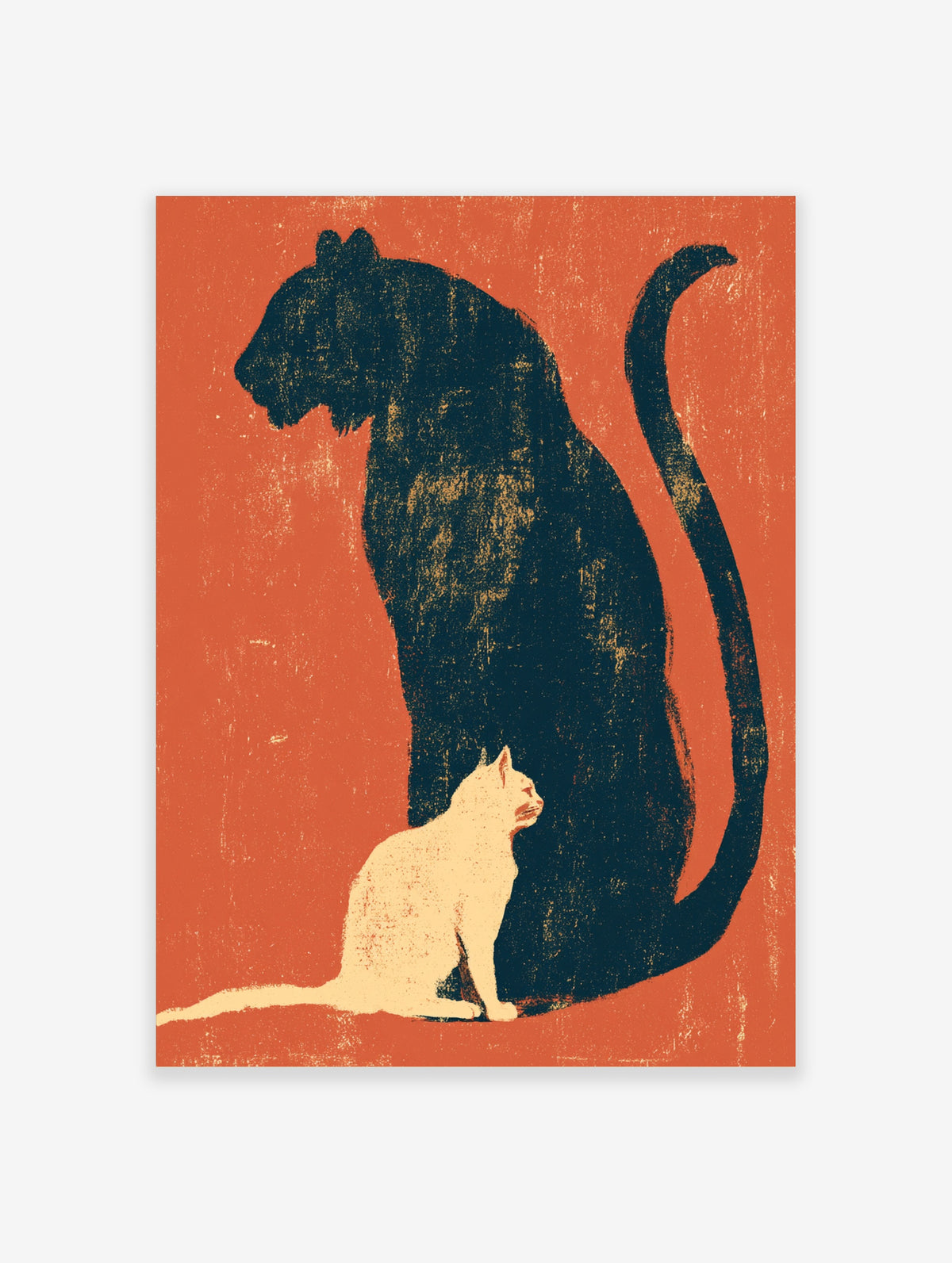 Minimalist black cat and white cat art print on burnt orange background