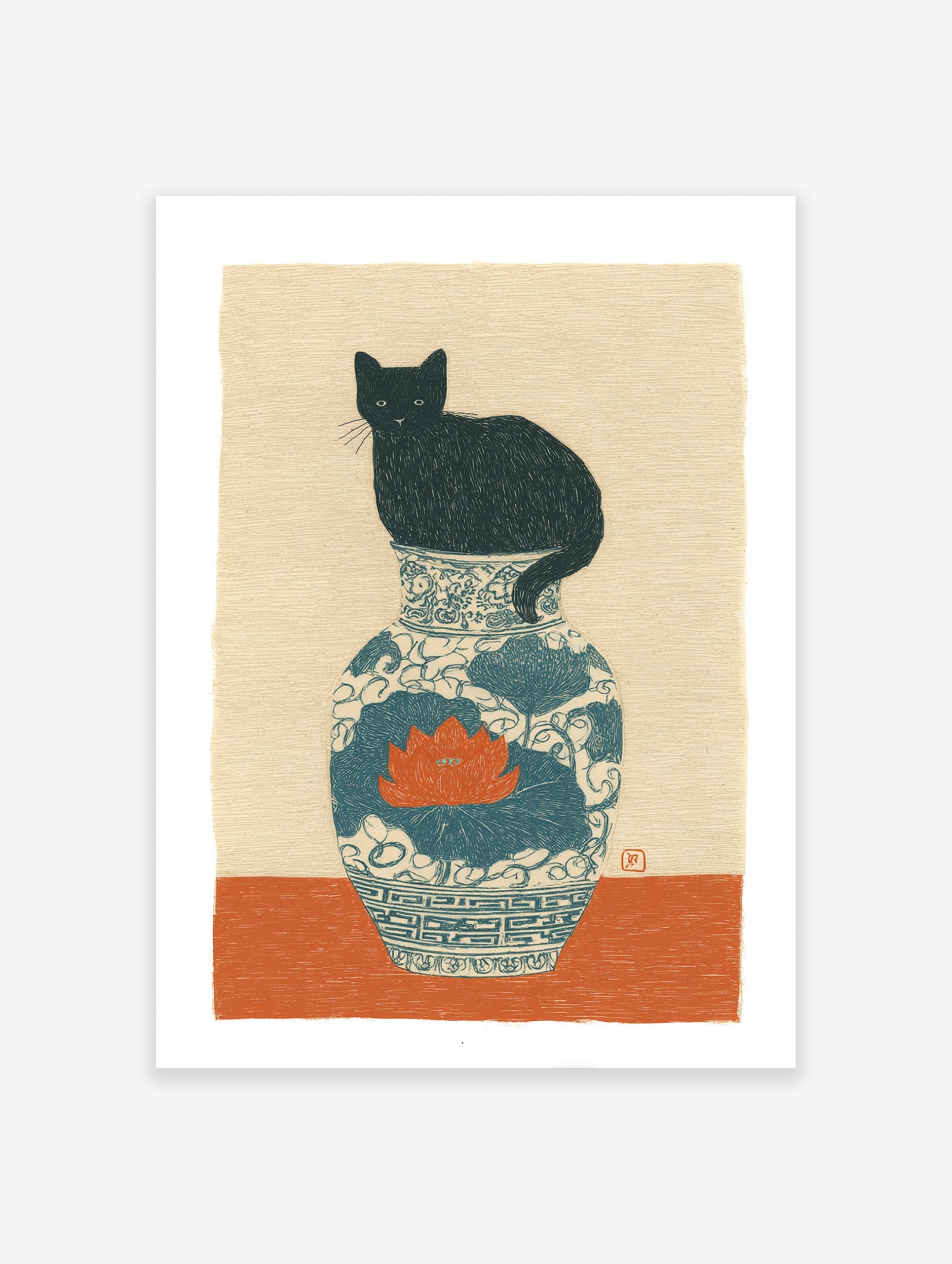 Illustration of a black cat sitting on a blue and white ceramic vase with an orange lotus flower. Black Cat Art Print.