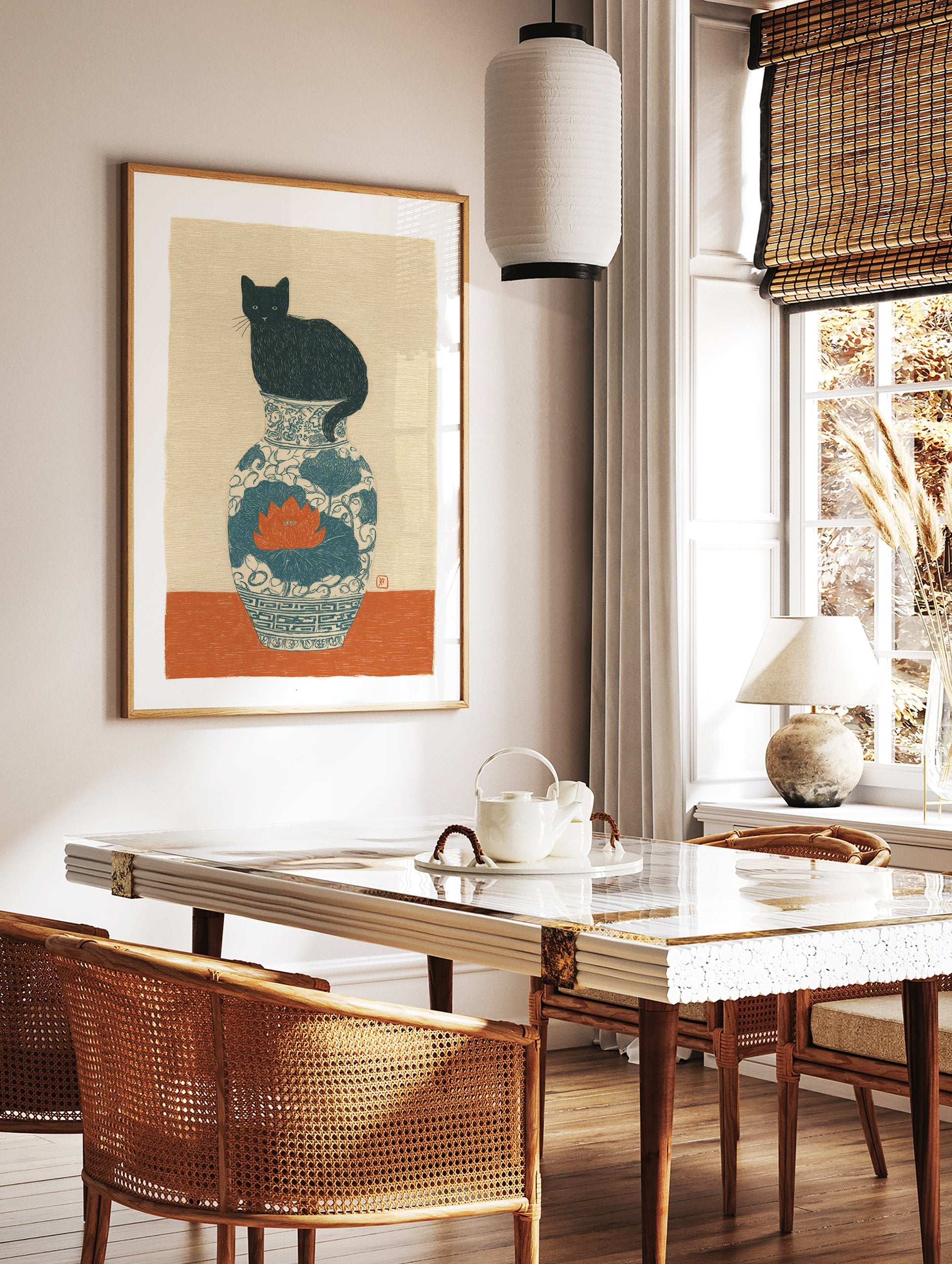 Illustration of a black cat sitting on a blue and white ceramic vase with an orange lotus flower. Black Cat Art Print. - Image 2