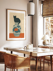 Illustration of a black cat sitting on a blue and white ceramic vase with an orange lotus flower. Black Cat Art Print. - Image 2