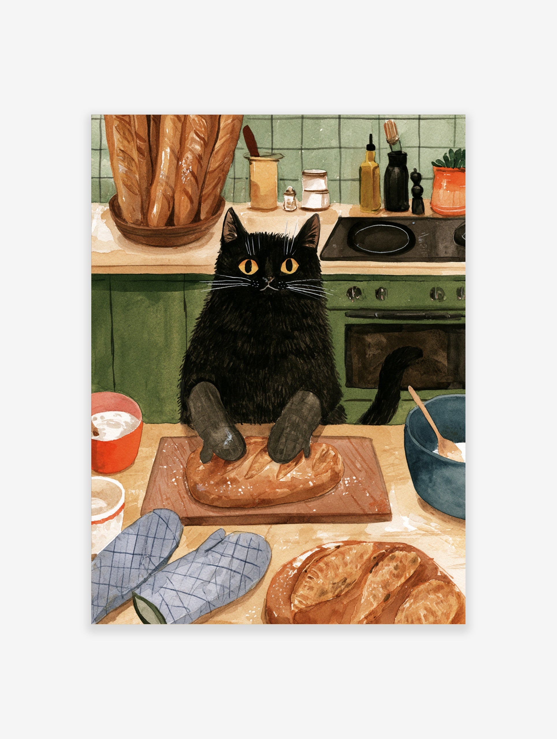 Illustration of a black cat wearing oven mitts kneading a loaf of bread on a wooden board in a green tiled kitchen