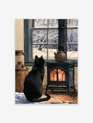 Black cat sitting before a glowing cast-iron stove, looking out a window at a snowy forest scene, illustrative wall art