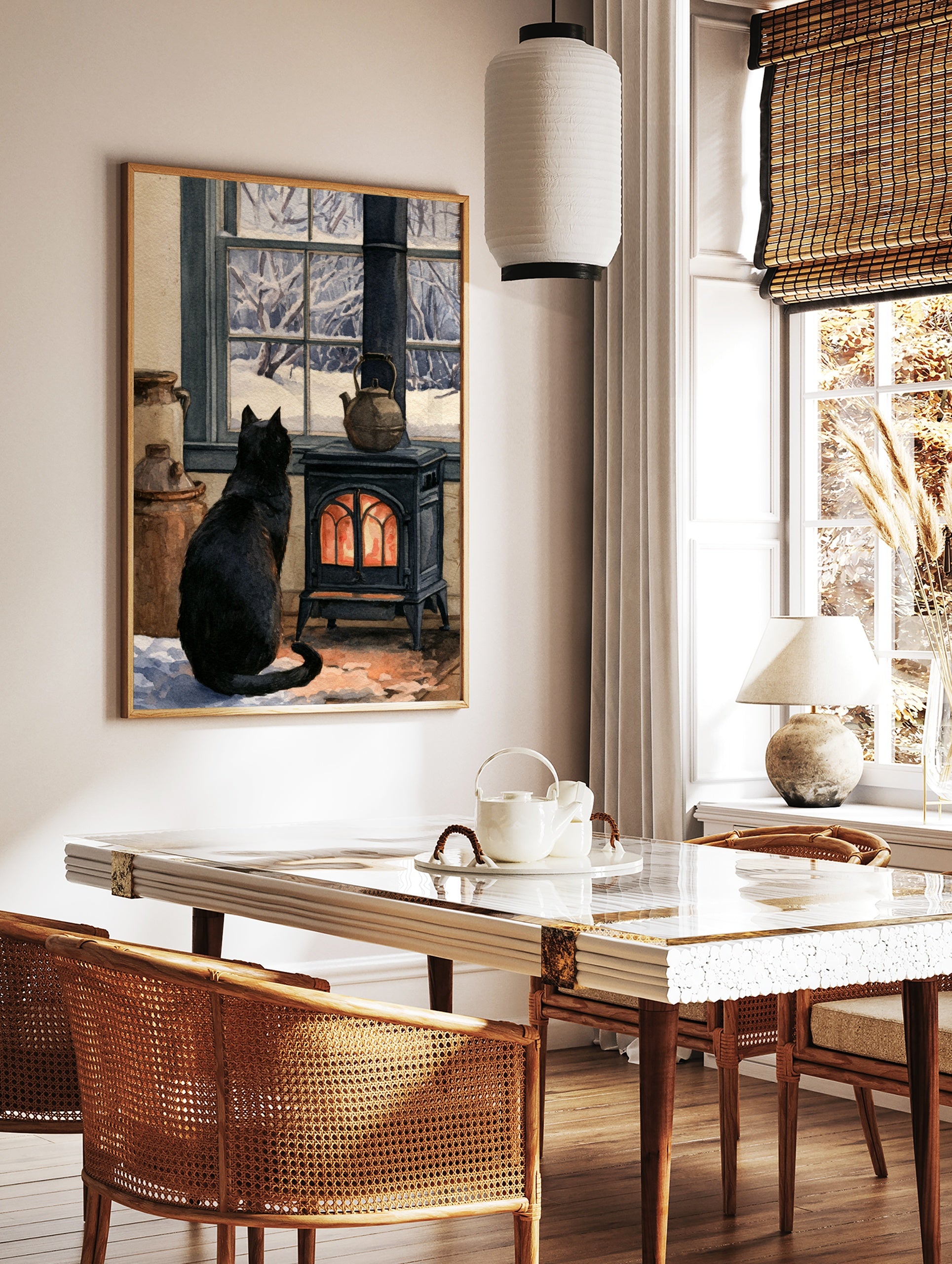 Black cat sitting before a glowing cast-iron stove, looking out a window at a snowy forest scene, in a styled room mockup