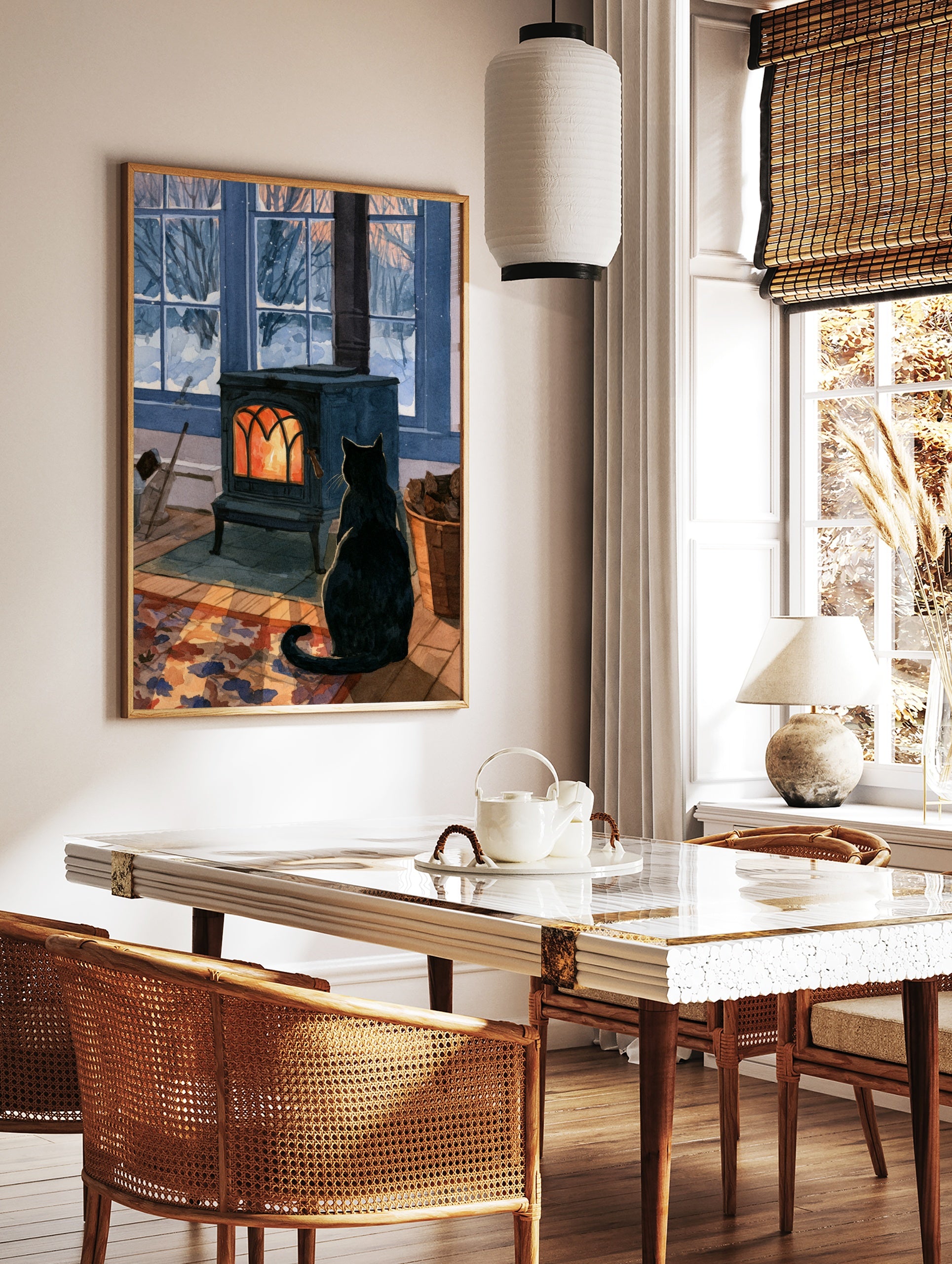 Black cat sitting in front of a glowing cast-iron wood stove with a snowy winter garden outside the, in a styled room mockup