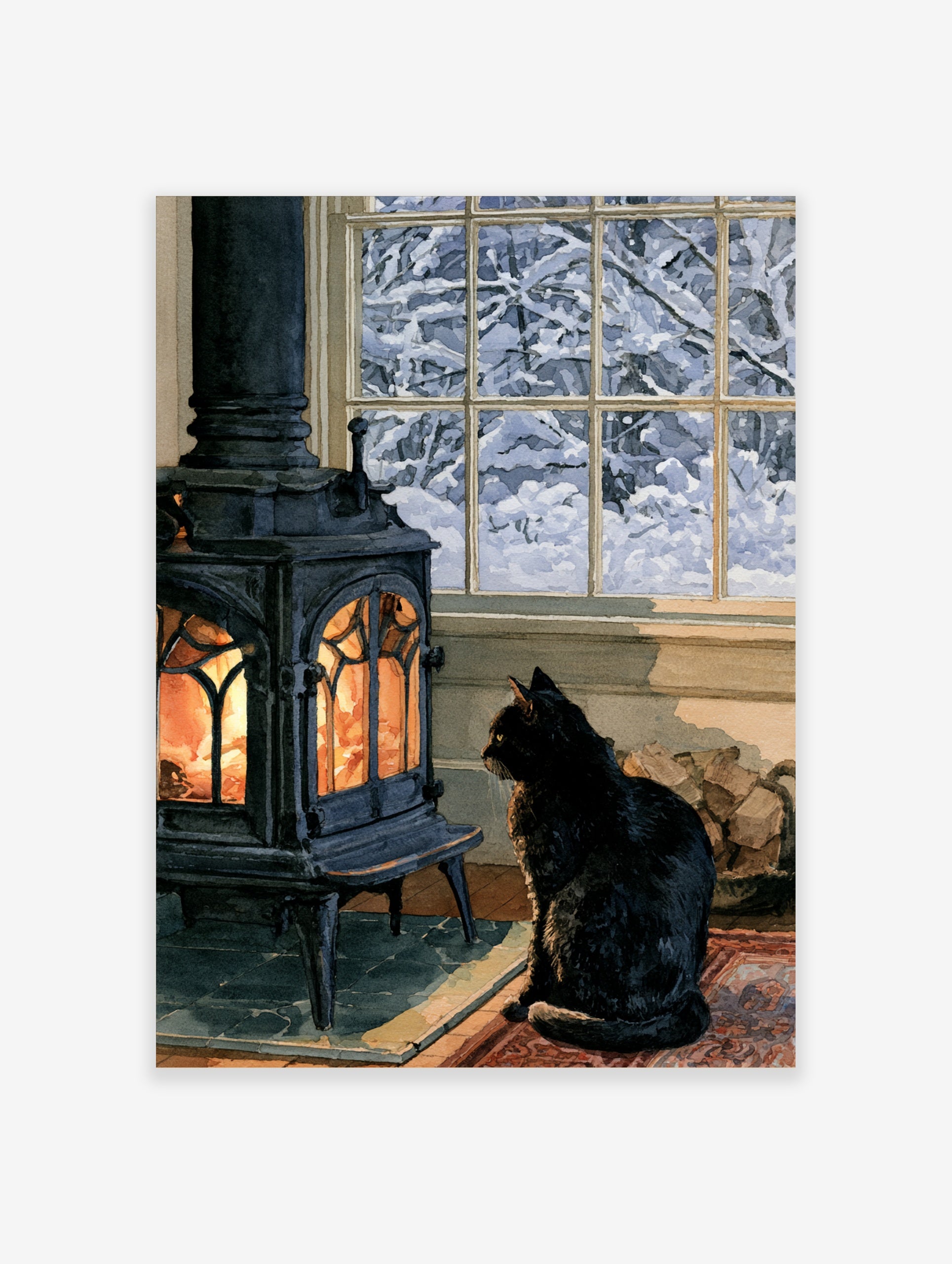 Illustrative print of a black cat sitting before a glowing wood-burning stove with a snowy winter landscape outside