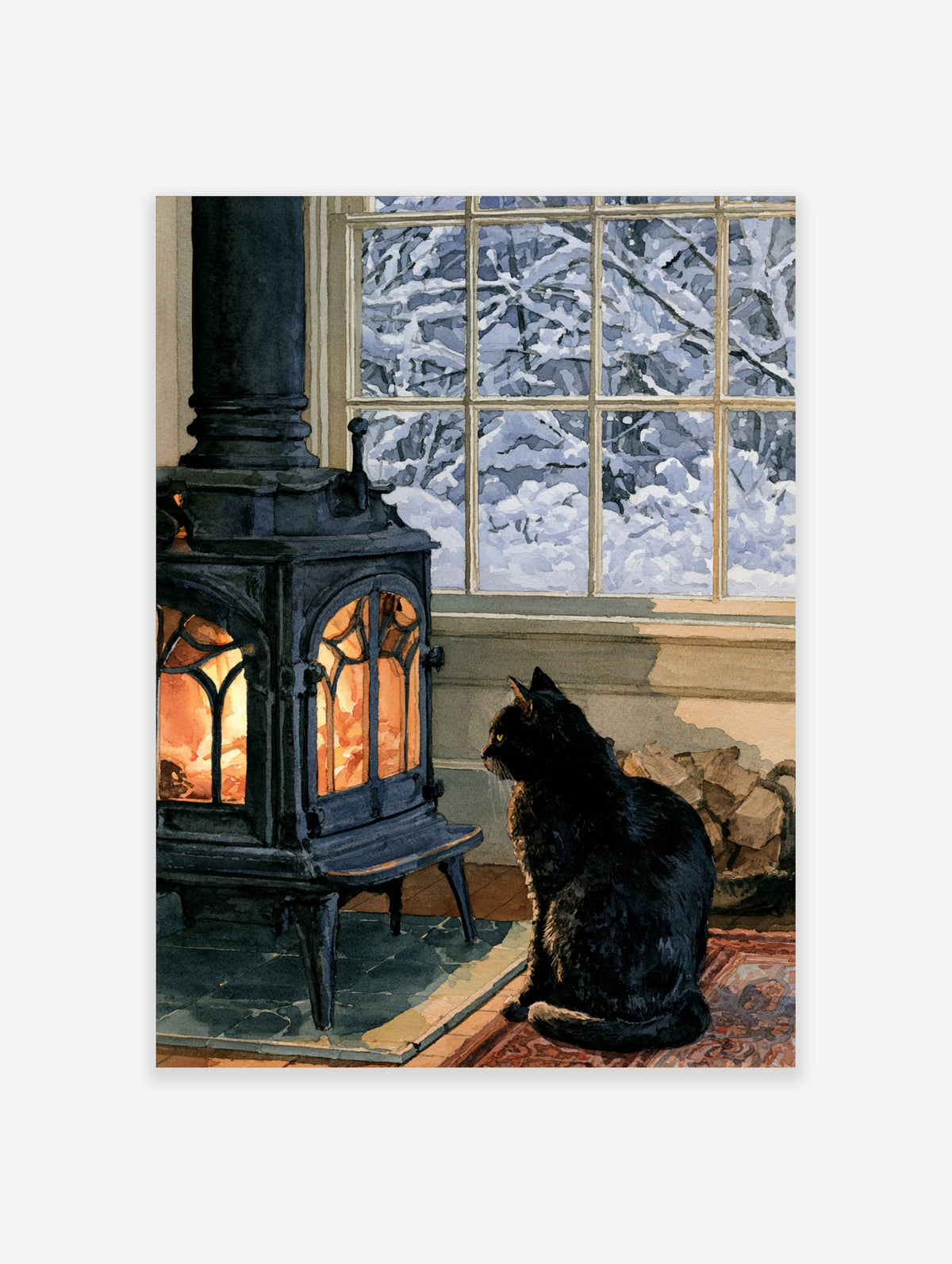 Illustrative print of a black cat sitting before a glowing wood-burning stove with a snowy winter landscape outside