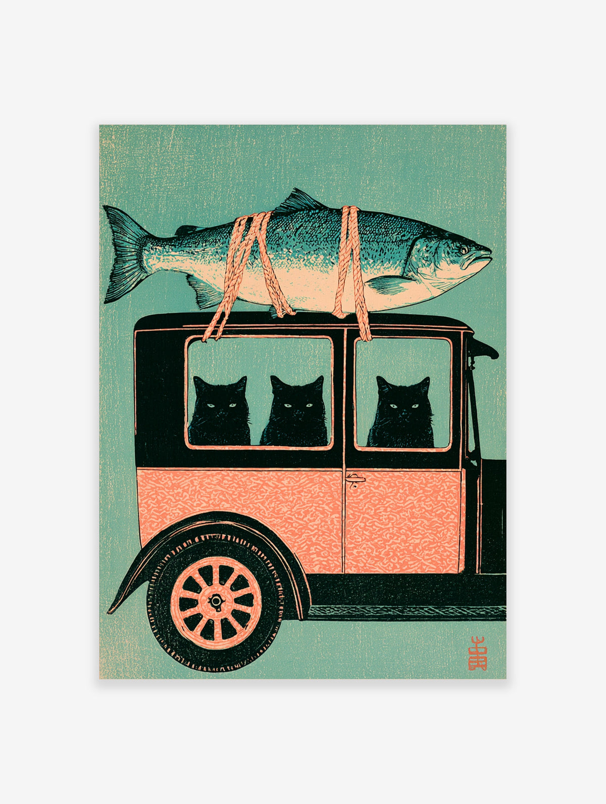 Illustration of three black cats in a peach and black car with a large fish tied to the roof on a teal background