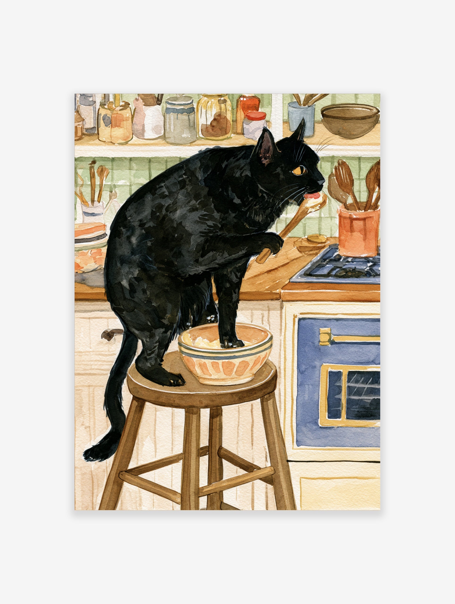 Watercolour illustration of a black cat standing on a kitchen stool tasting from a bowl with a wooden spoon