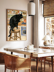Watercolour illustration of a black cat standing on a kitchen stool tasting from a bowl with a, in a styled room mockup