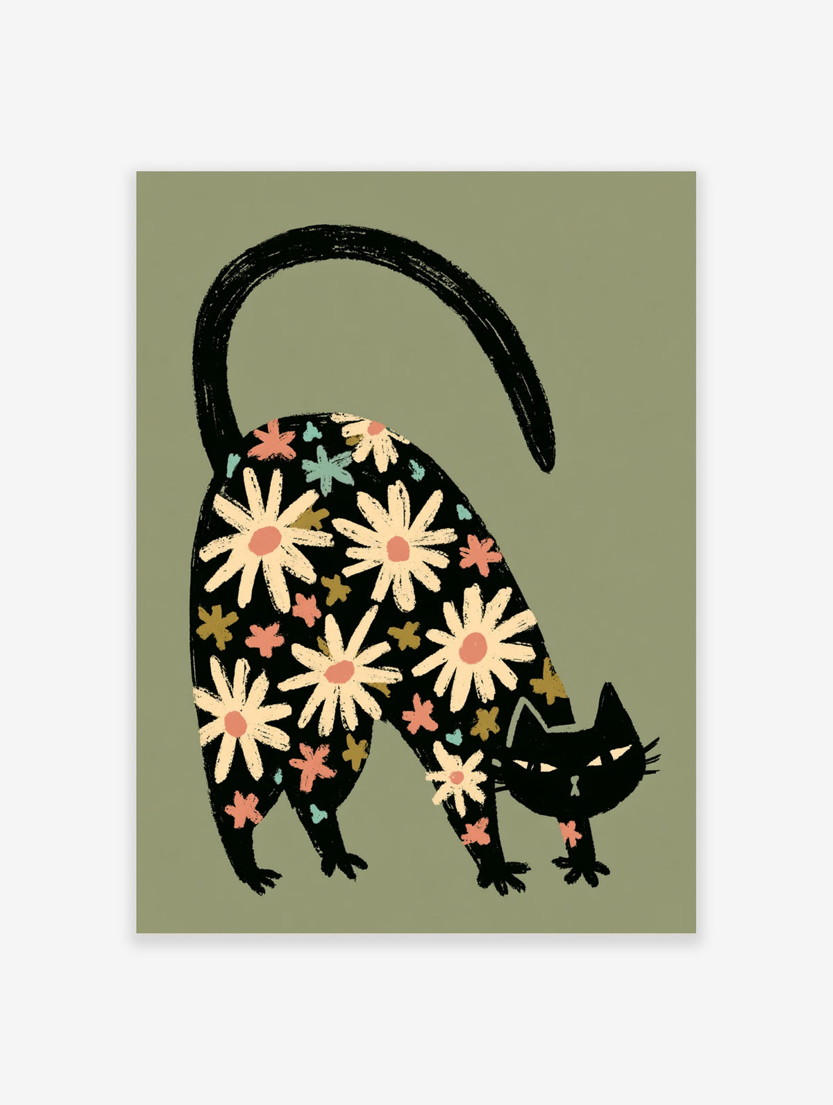 Black cat with cream daisy pattern stretching on olive green background art print
