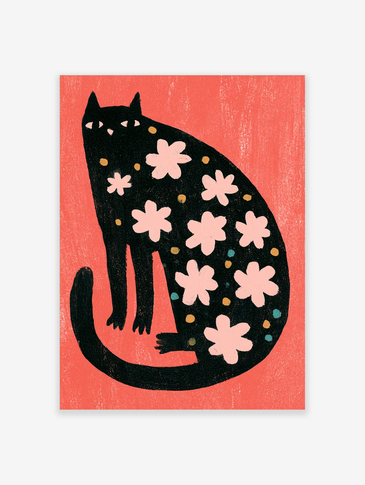 Black cat poster with pink flowers and gold dots on coral background, flat illustration