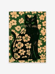 Black cat silhouette filled with a floral pattern set against a matching deep green botanical background art print