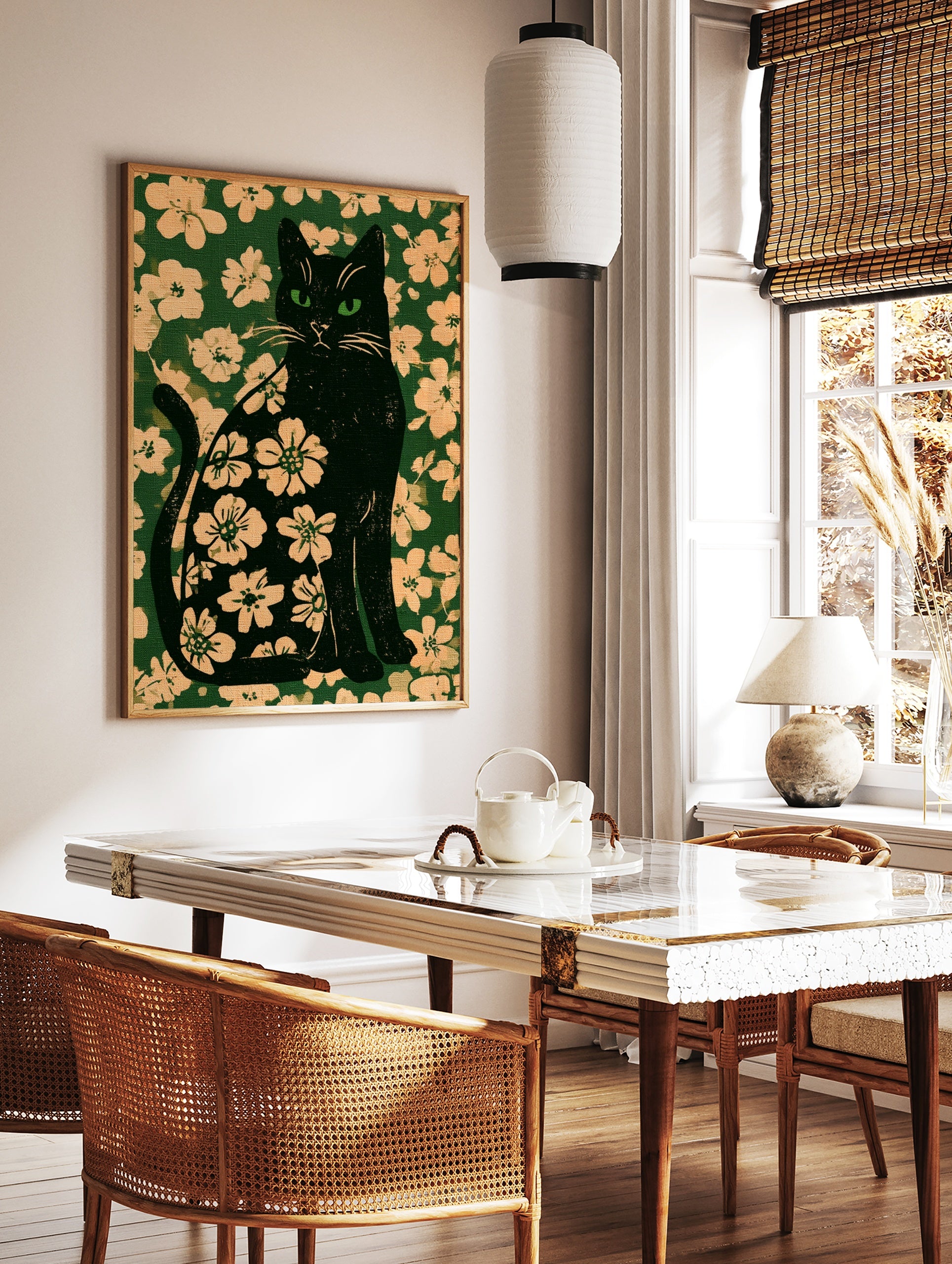 Black cat silhouette filled with a floral pattern set against a matching deep green botanical, in a styled room mockup