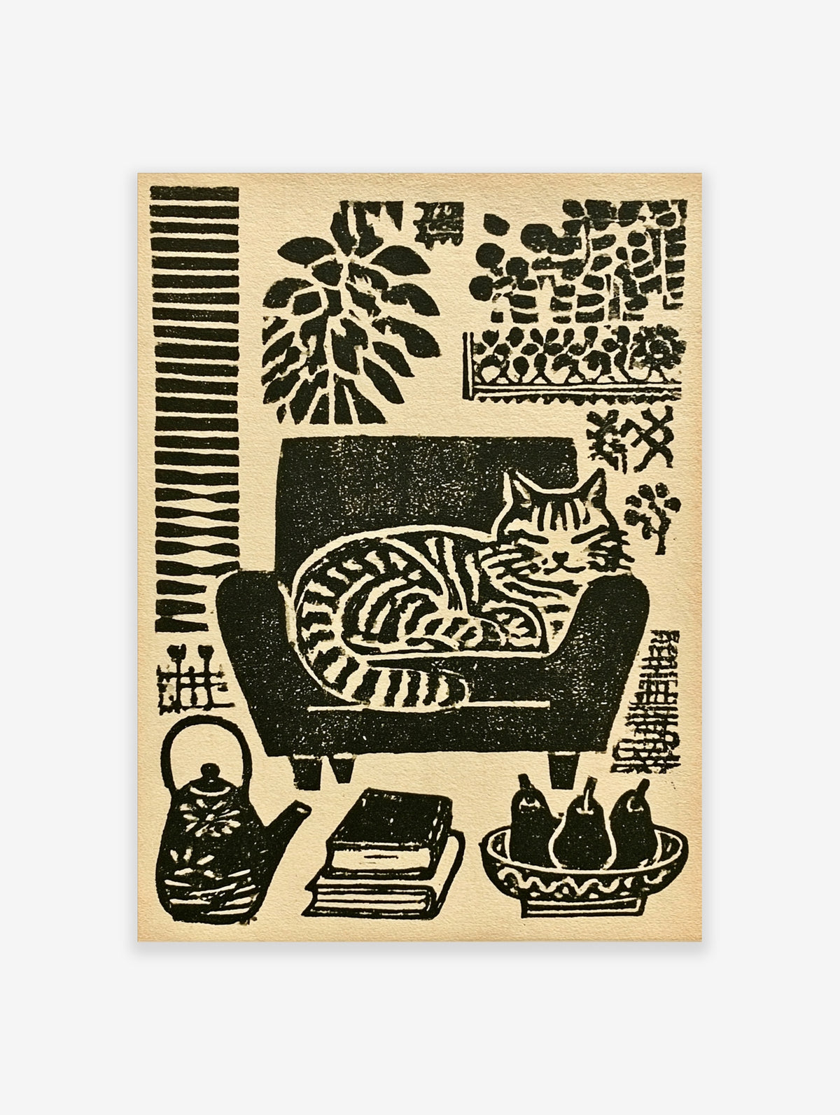Black and white linocut poster of a tabby cat curled in an armchair with teapot, books and pears