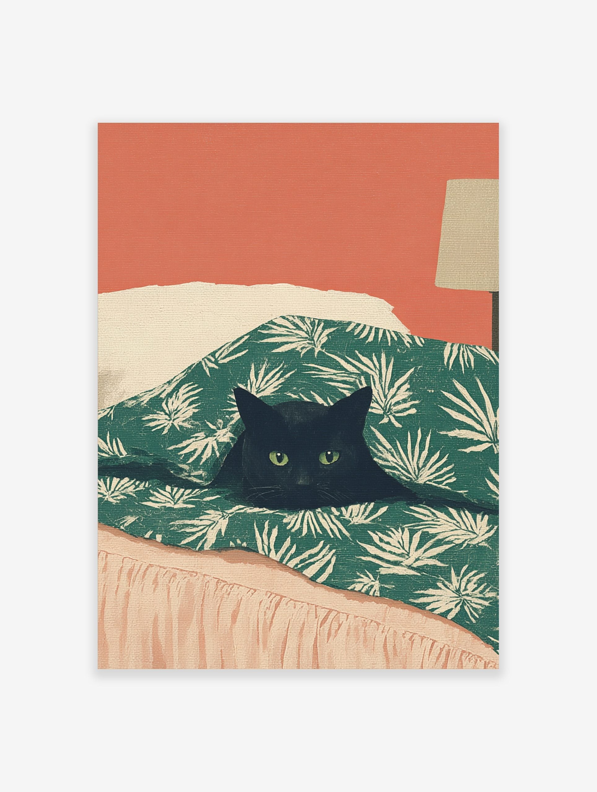 Illustrative print of a black cat with green eyes peeking from a green palm-leaf duvet against a coral wall