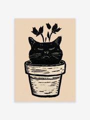 Black cat head in a plant pot with botanical stems, linocut style illustration on cream background