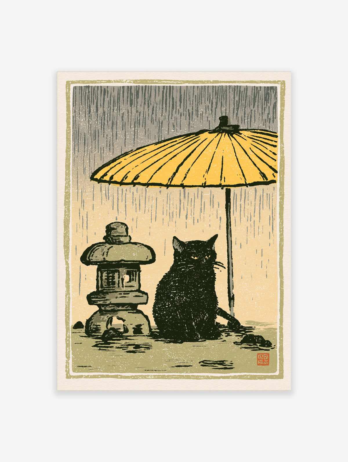 Black cat under yellow umbrella beside stone lantern in rain, Japanese woodblock style poster
