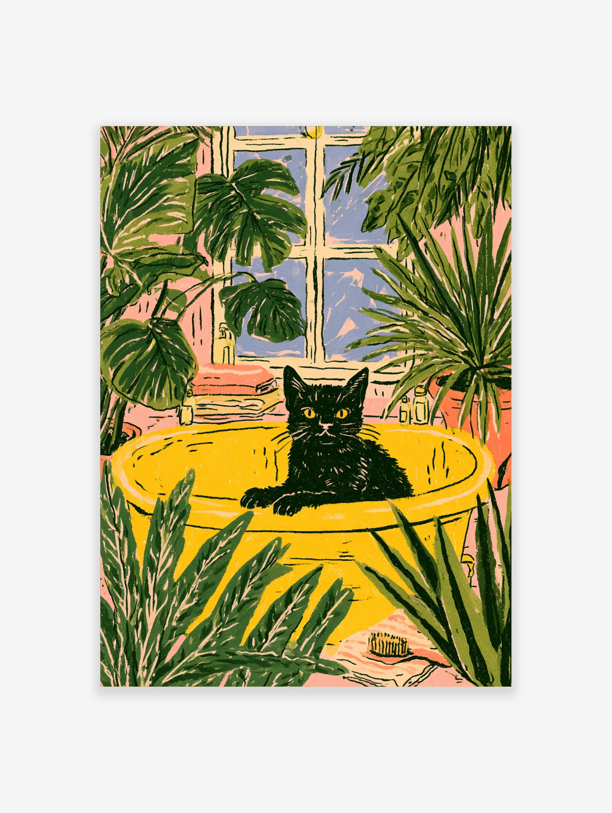 Black cat in yellow basin with green Monstera leaves and blue window, botanical art print