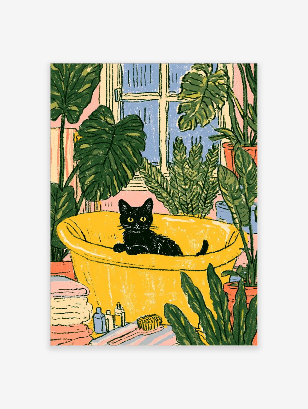 Black cat sitting in a yellow bathtub surrounded by green houseplants and a blue window in an illustrated poster