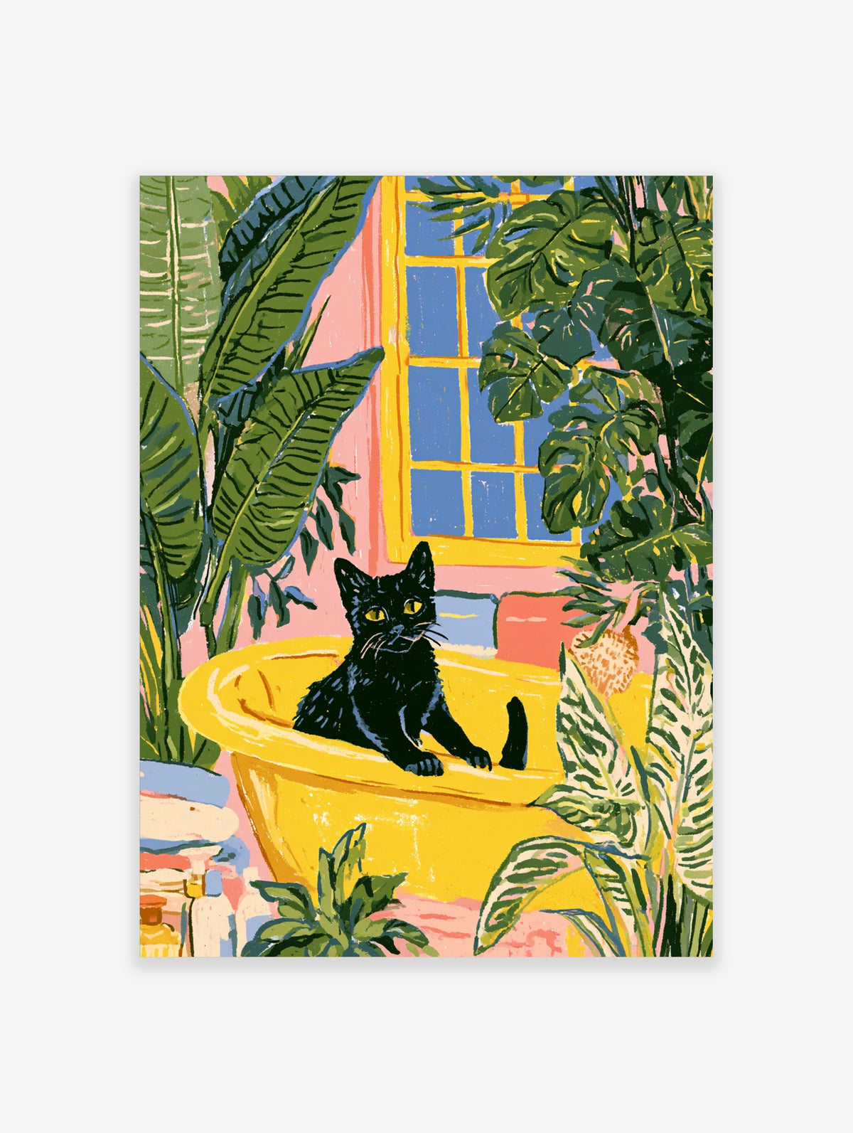 Black cat sitting in a yellow bathtub surrounded by green tropical leaves and a blue window