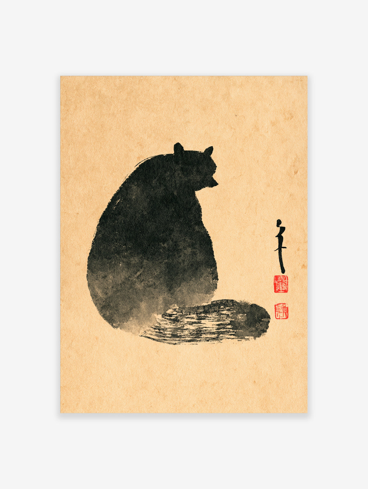 Black cat sumi-e ink print seated in profile with red seal stamps on beige paper