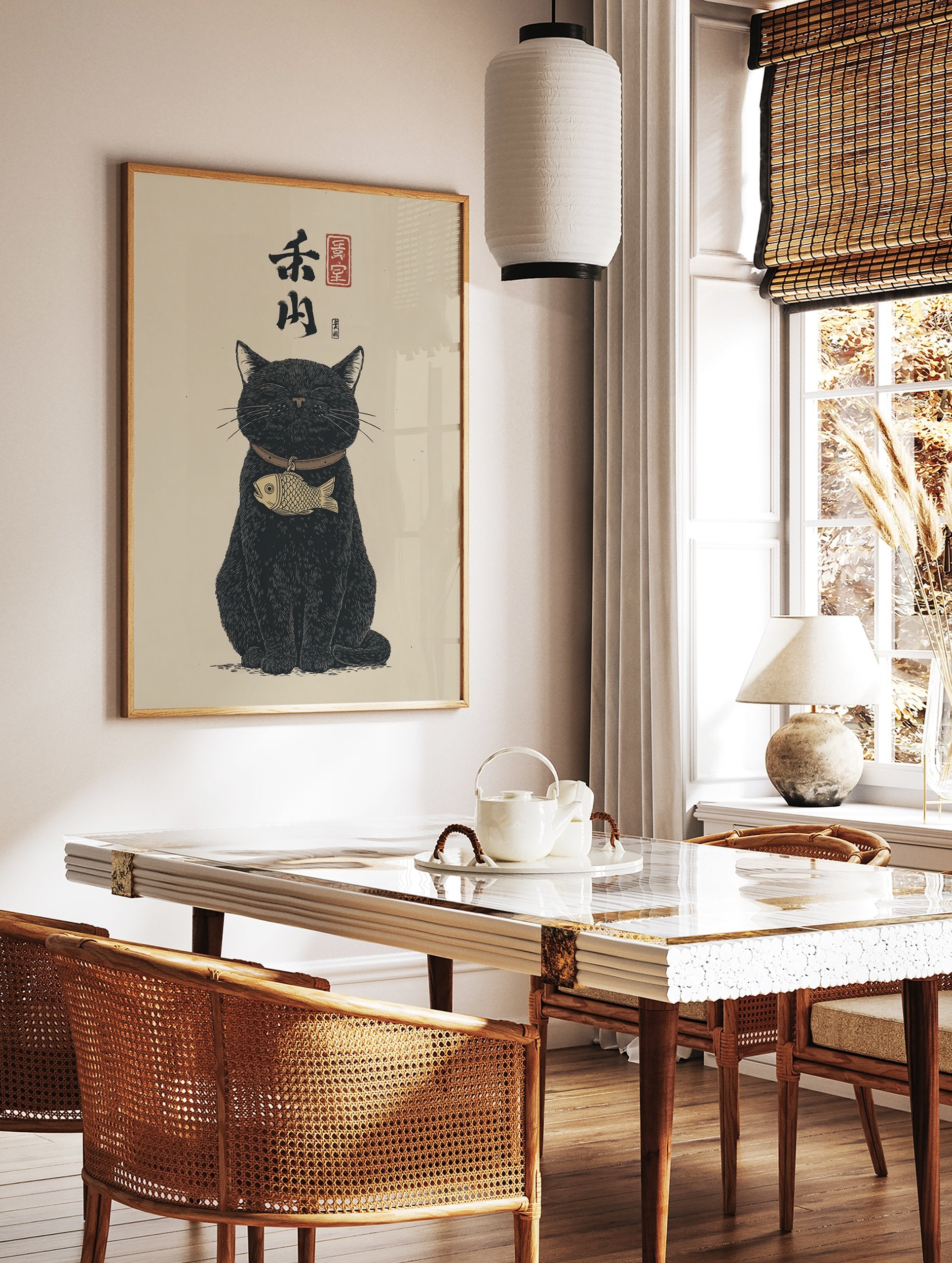 Black cat Japanese illustration poster featuring a cat with a gold fish charm and traditional calligraphy on a beige background. - Image 2