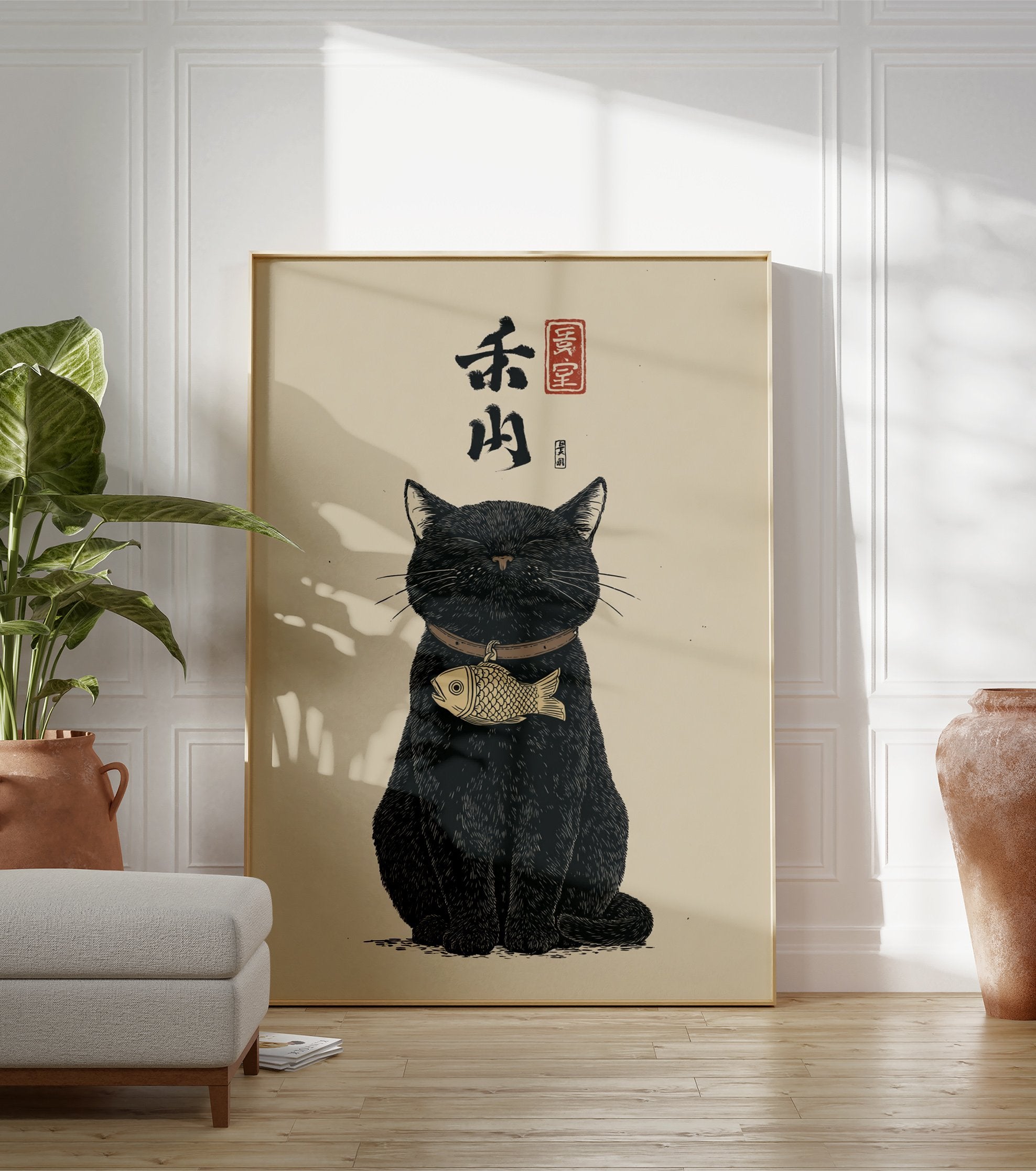 Black cat Japanese illustration poster featuring a cat with a gold fish charm and traditional calligraphy on a beige background. - Image 3