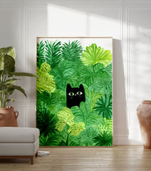 Whimsical black cat poster peeking through vibrant green jungle leaves with bright green eyes and a pink nose illustration. - Image 3