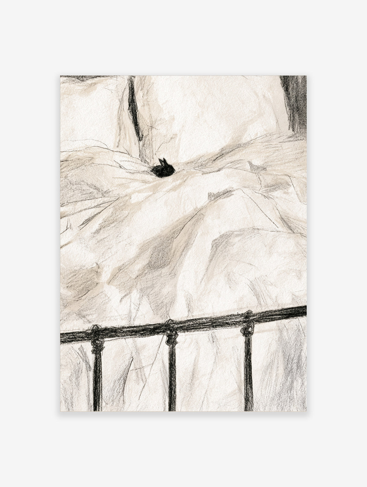 Pencil sketch poster of a black cat asleep on white bedding behind a dark metal bed frame