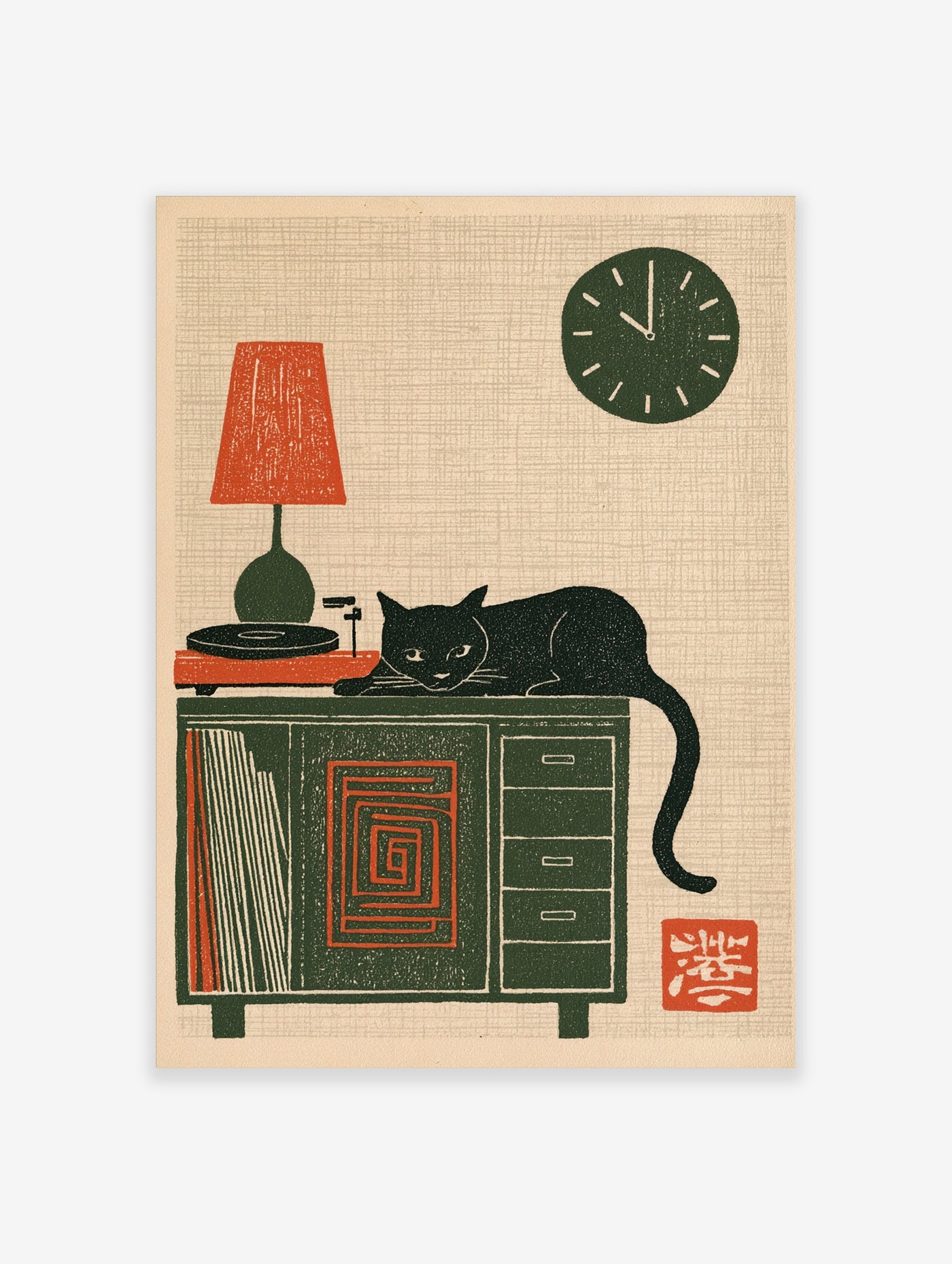Illustrative mid-century style black cat sitting on a green cabinet with a red lamp and record player, beige background