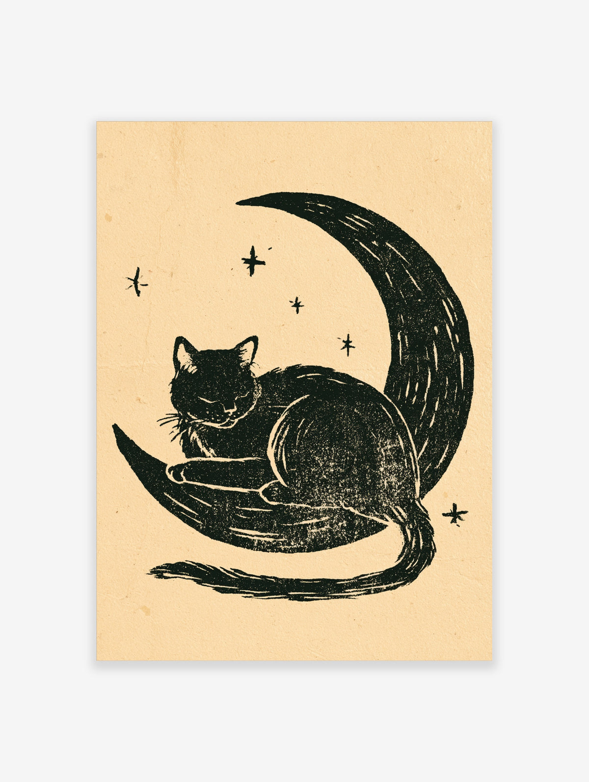 Black cat curled on a crescent moon with stars, monochrome relief print style on cream background
