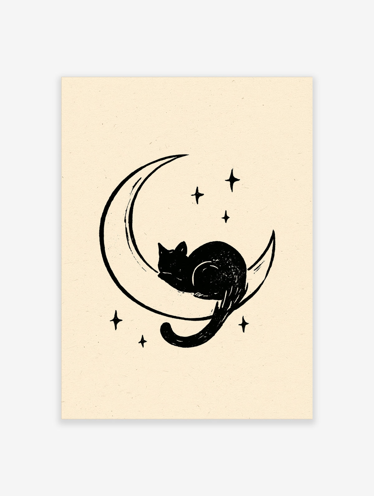 Black cat sleeping on a crescent moon with stars, linocut style on beige background