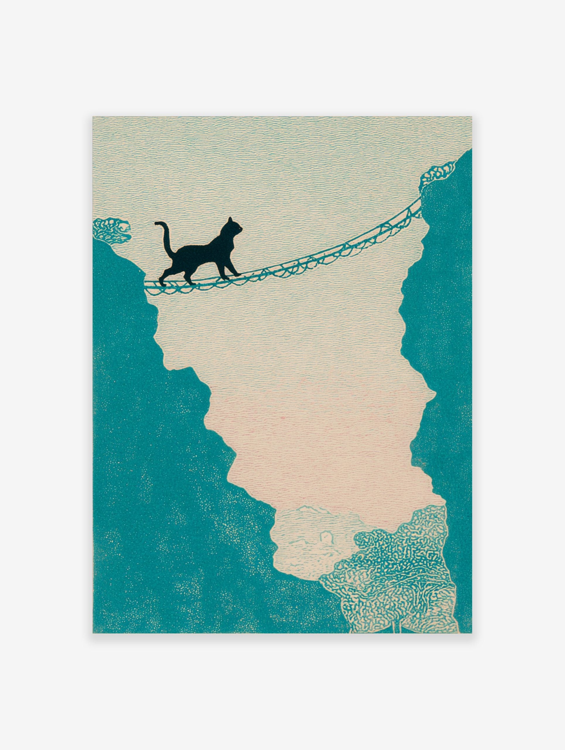 Illustrative print of a black cat walking across a rope bridge between teal cliffs against a light textured sky