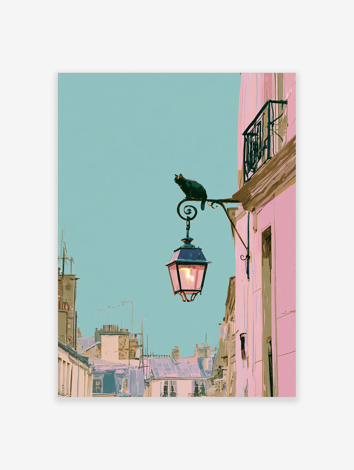 Black cat on a street lamp with glowing lantern, pink building and teal sky, vertical art print