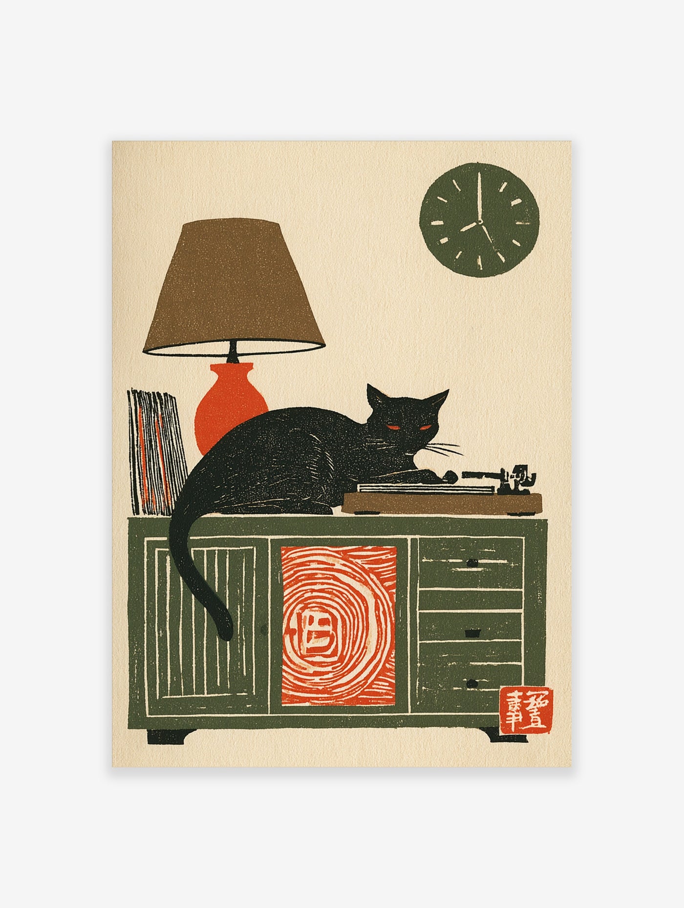 Illustrative print of a black cat sitting on a record player on a green cabinet, with a lamp, records, and a clock