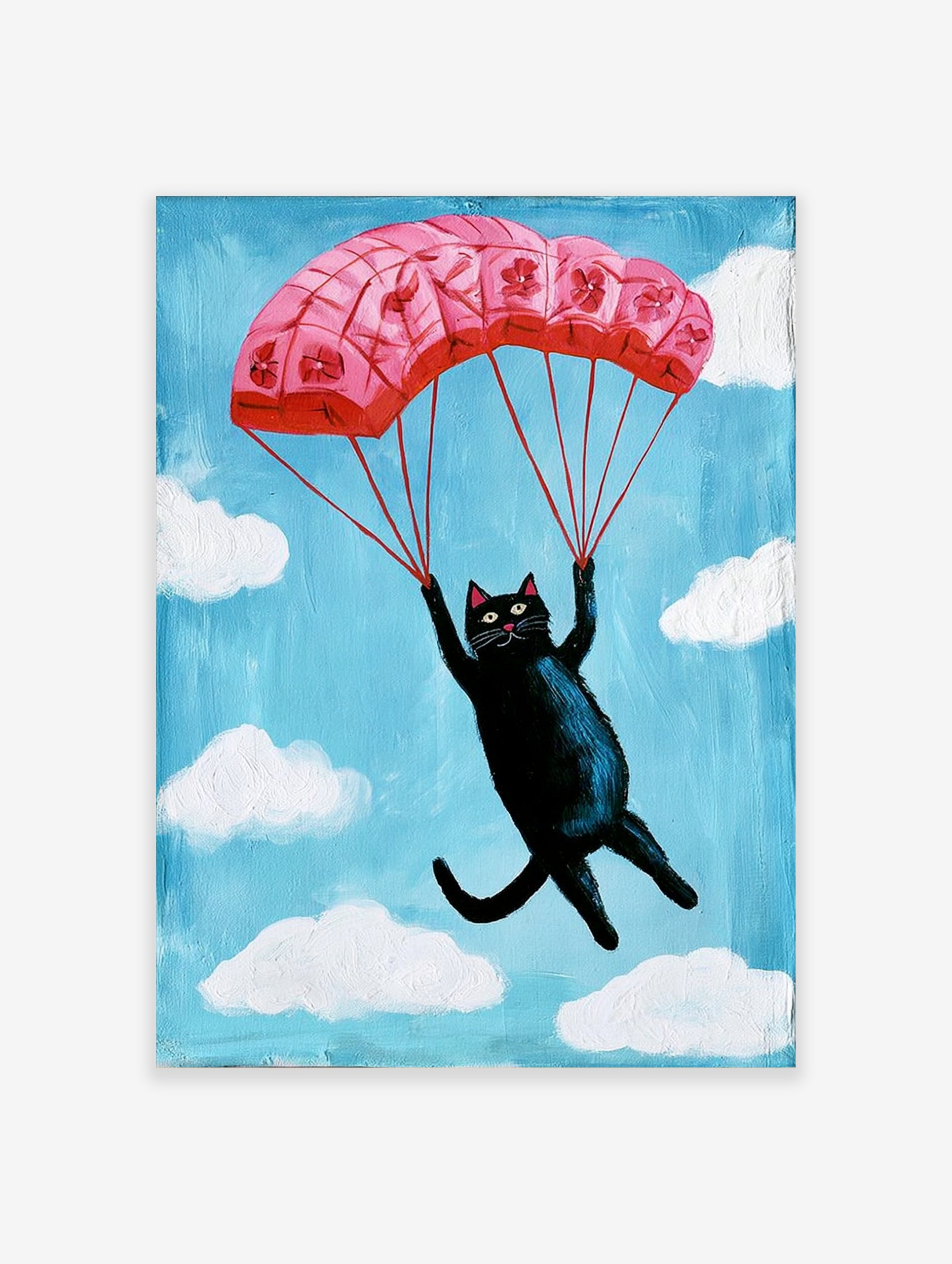 Whimsical illustration of a black cat descending with a pink floral parachute in a blue sky with white clouds wall art