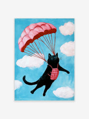 A whimsical illustration of a black cat parachuting with a pink parachute against a blue sky with white clouds