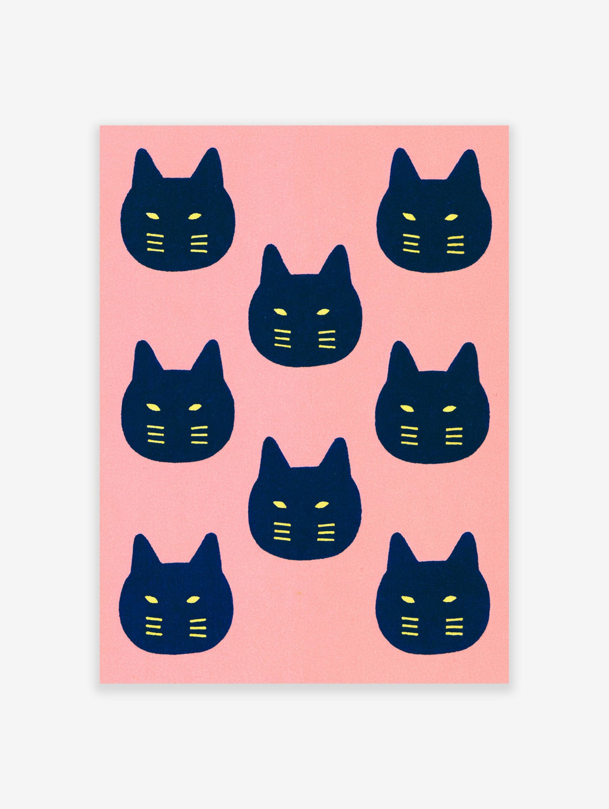 Repeating pattern of illustrative black cat faces with yellow eyes on a pink background art print